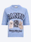 Pull GANNI manches courtes en alpaca brossé fin bleu ciel avec chiots