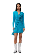 ROBE BLUE CRINKLED SATIN GATHERED KNOT MINI Ganni