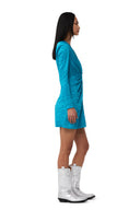 ROBE BLUE CRINKLED SATIN GATHERED KNOT MINI Ganni