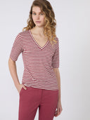 T-shirt col en V en jersey de lin stretch - Cerise