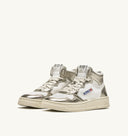 BASKET MEDALIST MID BICOLOR EN CUIR BLANC ET PLATINE METALLISE