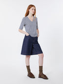 T-shirt col en V en jersey de lin stretch - Bleu marine