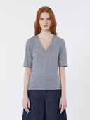 T-shirt col en V en jersey de lin stretch - Bleu marine