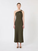 Robe à une épaule en satin brillant - Vert mousse