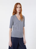 T-shirt col en V en jersey de lin stretch - Bleu marine