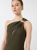 Robe à une épaule en satin brillant - Vert mousse