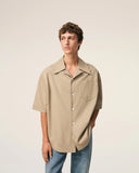 Beige Cotton Short Sleeve Camp Collar Wide Shirt