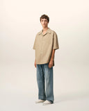 Beige Cotton Short Sleeve Camp Collar Wide Shirt
