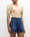 Jessa Ruched-sleeve Tee In Stone Khaki