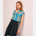 BLOUSE GRACIE EN SERGÉ DE SOIE IMPRIMÉ - PE23 - BLEU AVIO/ORANGE Momoni