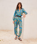 PANTALON CREPUSCOLO EN SERGÉ DE SOIE IMPRIMÉ - PE23 - BLEU AVIO/ORANGE Momoni