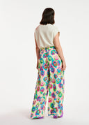 Pantalon large à imprimé fleuri blanc cassé, rose et bleu Essentiel