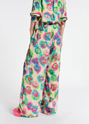 Pantalon large à imprimé fleuri blanc cassé, rose et bleu Essentiel