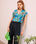 BLOUSE GRACIE EN SERGÉ DE SOIE IMPRIMÉ - PE23 - BLEU AVIO/ORANGE Momoni