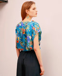 BLOUSE GRACIE EN SERGÉ DE SOIE IMPRIMÉ - PE23 - BLEU AVIO/ORANGE Momoni