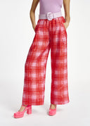 Pantalon large rose à carreaux rouges Essentiel