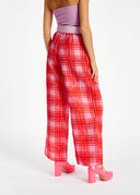 Pantalon large rose à carreaux rouges Essentiel